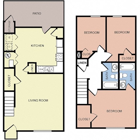 Floor plan for 3 beds, 2 baths, 1309 sqft